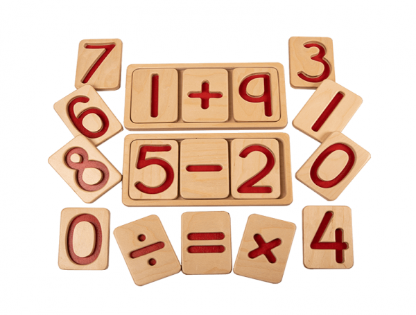 wooden number tiles with tray